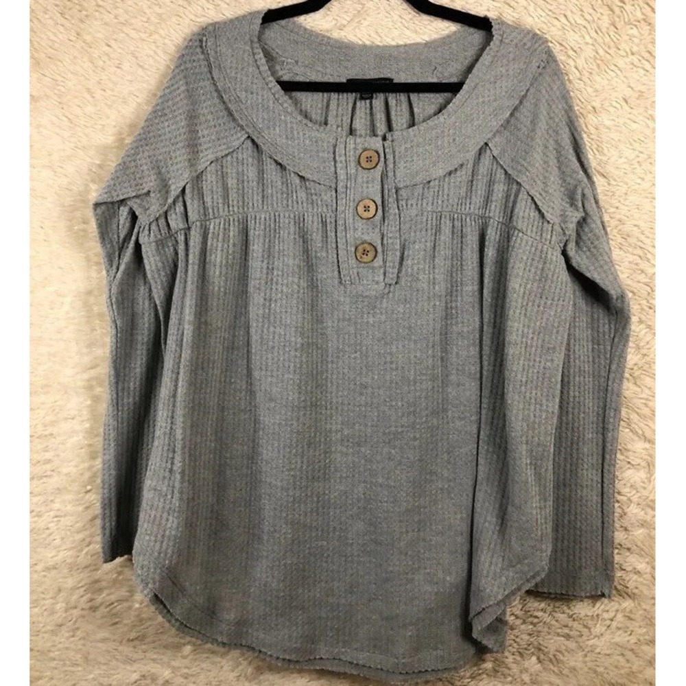 Signature Studio Womens Popover Top Gray Textured Stretch Button Crew Neck S